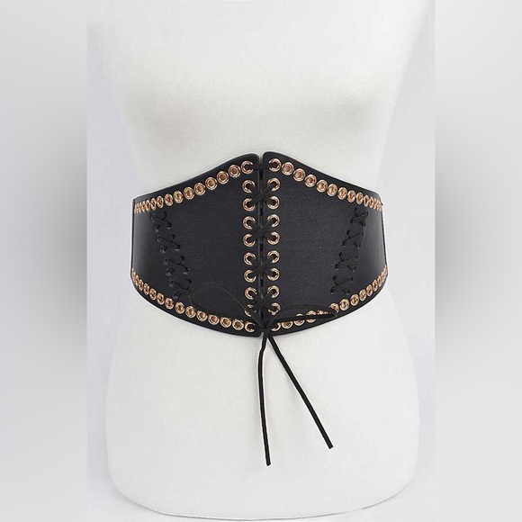 Black Vintage Wide Waist Leather Harness Corset Statement Belt - Picture 2 of 7